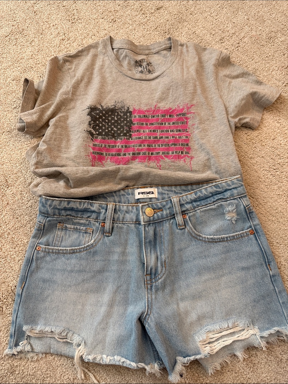 Womens Gray Graphic Tee with Pink Accent - Older Girls RSQ Distressed Shorts